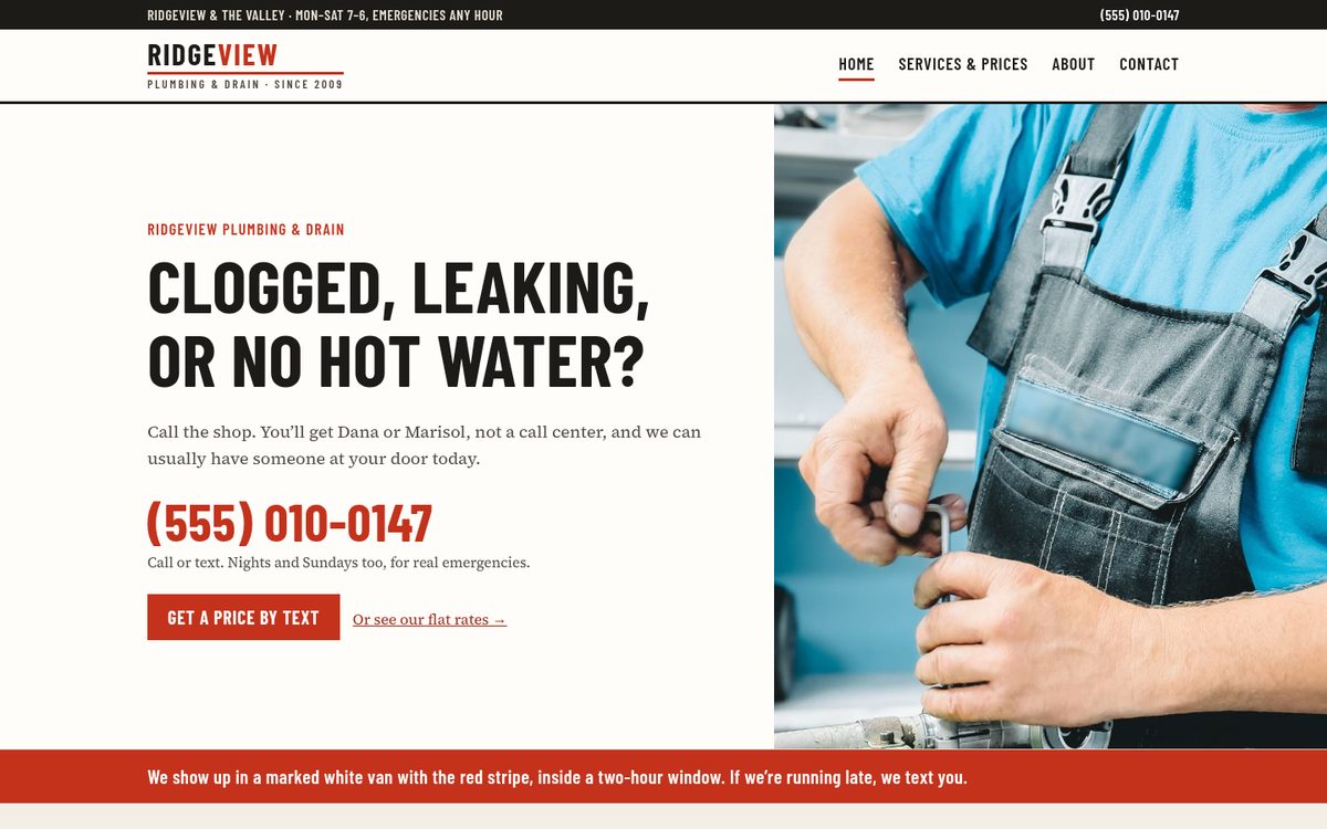 Homepage of Ridgeview Plumbing & Drain, an example site for a made-up plumbing company