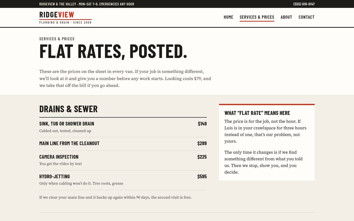 Services page of the Ridgeview example site, a made-up plumbing company